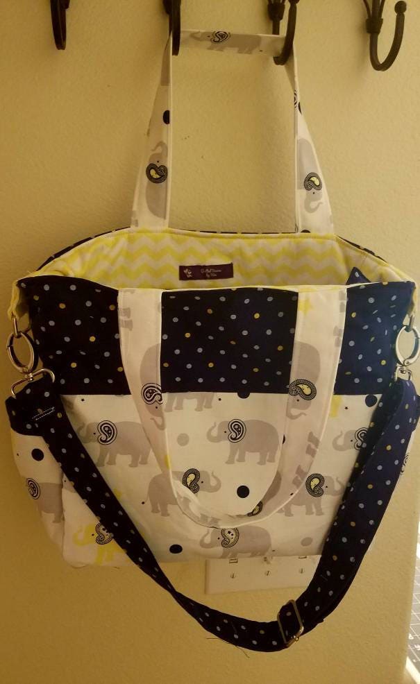 White, Yellow, and Blue Polka Dot/Chevron Elephant Handmade  Diaper Bag