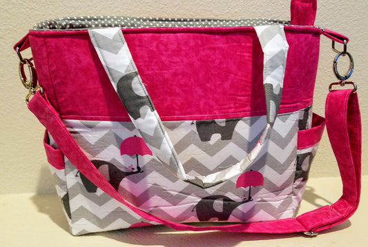 Diaper Bag Raining Elephants Grey/Pink/White Chevron/polka dot