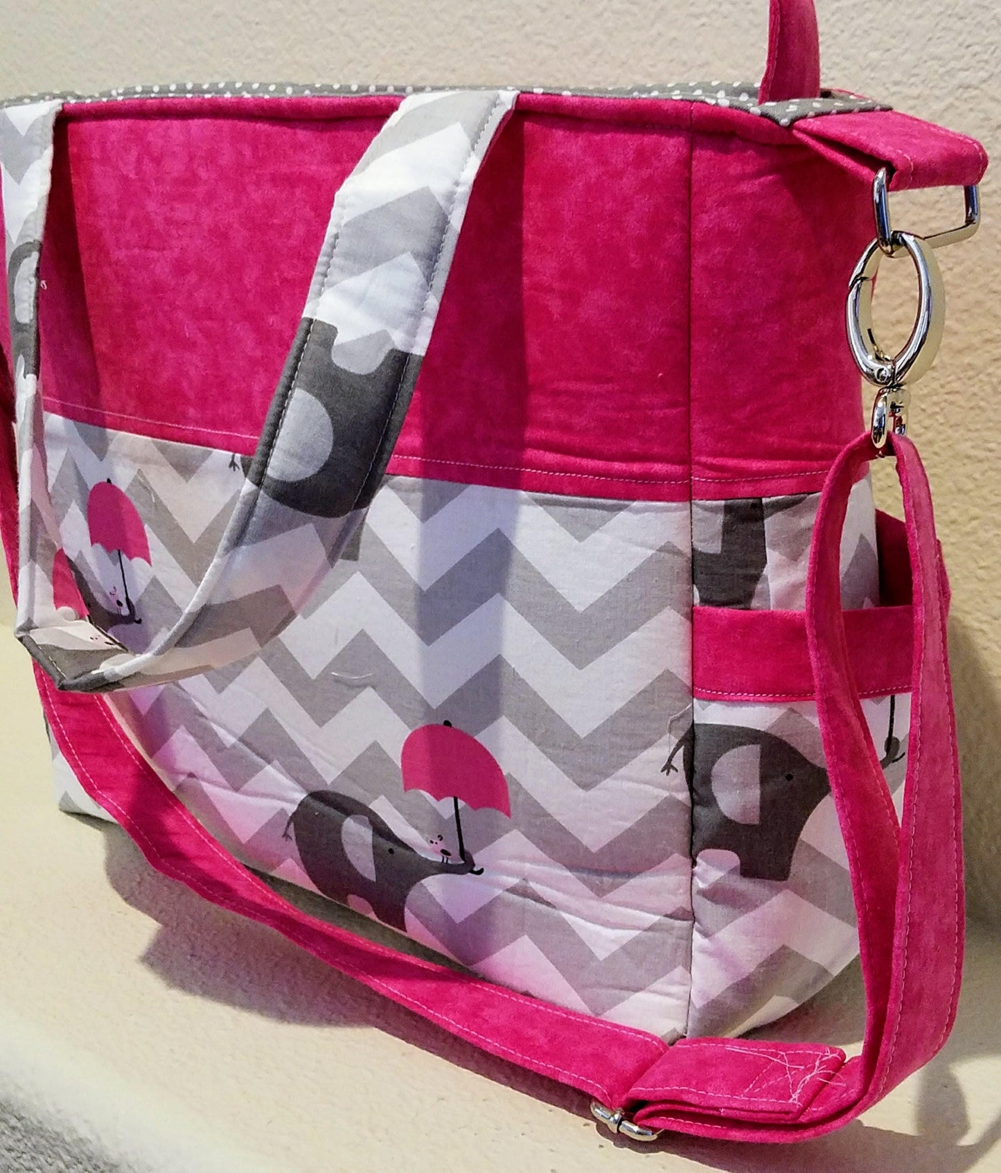 Diaper Bag Raining Elephants Grey/Pink/White Chevron/polka dot