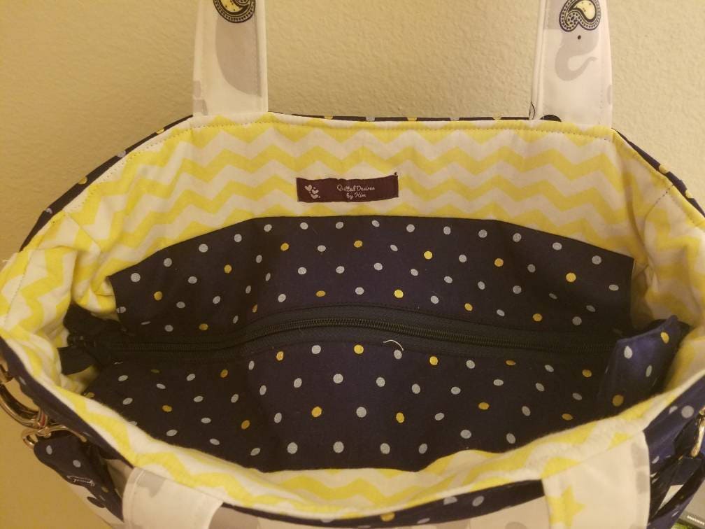 White, Yellow, and Blue Polka Dot/Chevron Elephant Handmade  Diaper Bag