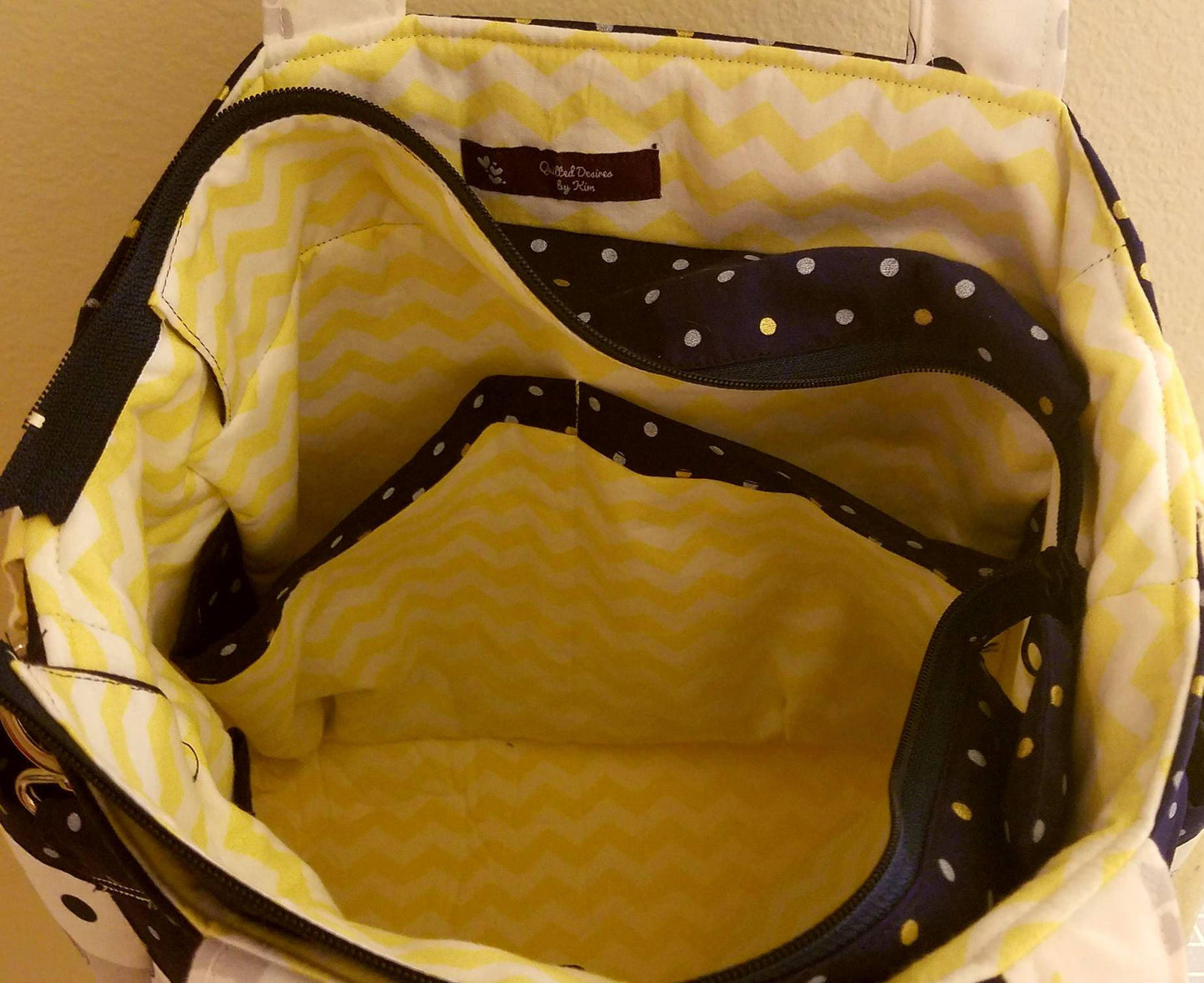 White, Yellow, and Blue Polka Dot/Chevron Elephant Handmade  Diaper Bag