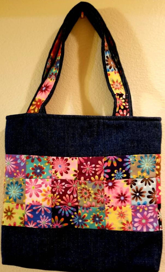 Denim Tote Bag, Yellow Polka Dot, Daisy, Handbag, Purse