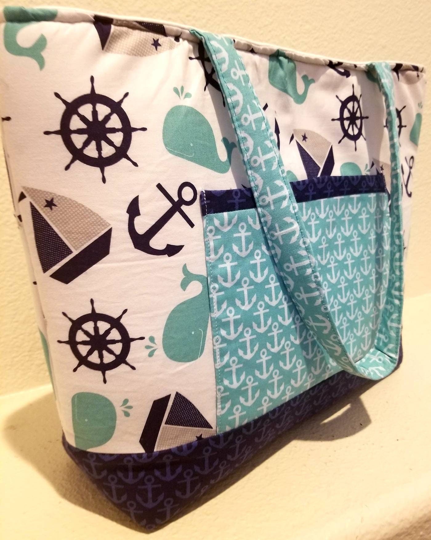 Ships Ahoy Navy, Teal, White Diaper Bag, Tote Bag