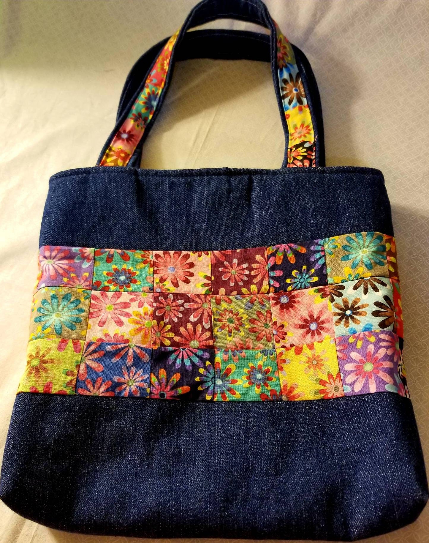 Denim Tote Bag, Yellow Polka Dot, Daisy, Handbag, Purse