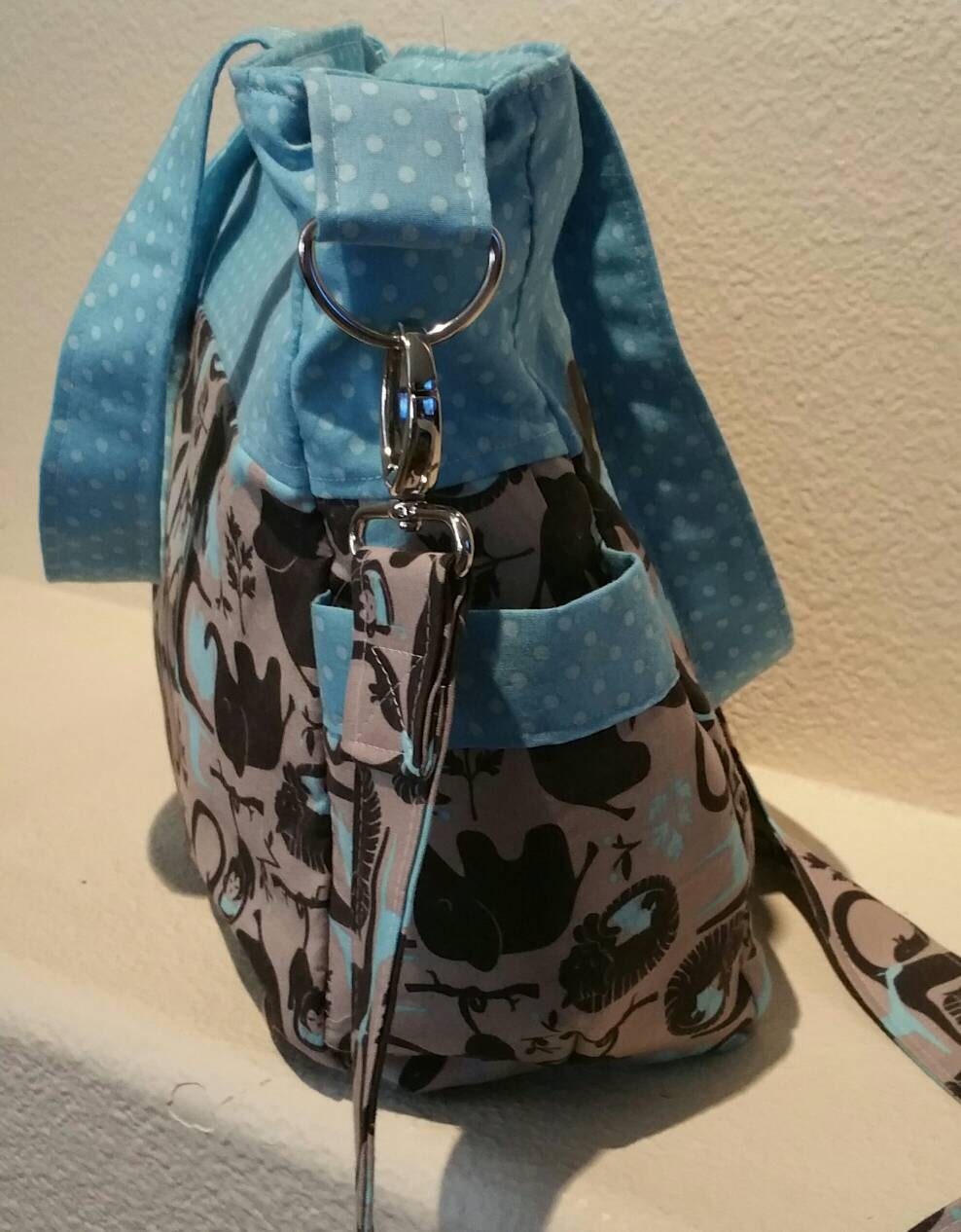 SALE: Blue and Polka Dot Elephant/Jungle Handmade Blue/Gray/Black Diaper Bag