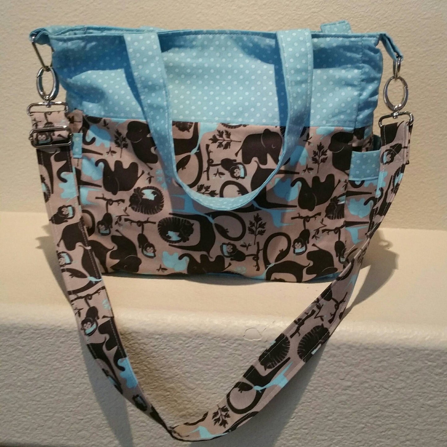 SALE: Blue and Polka Dot Elephant/Jungle Handmade Blue/Gray/Black Diaper Bag