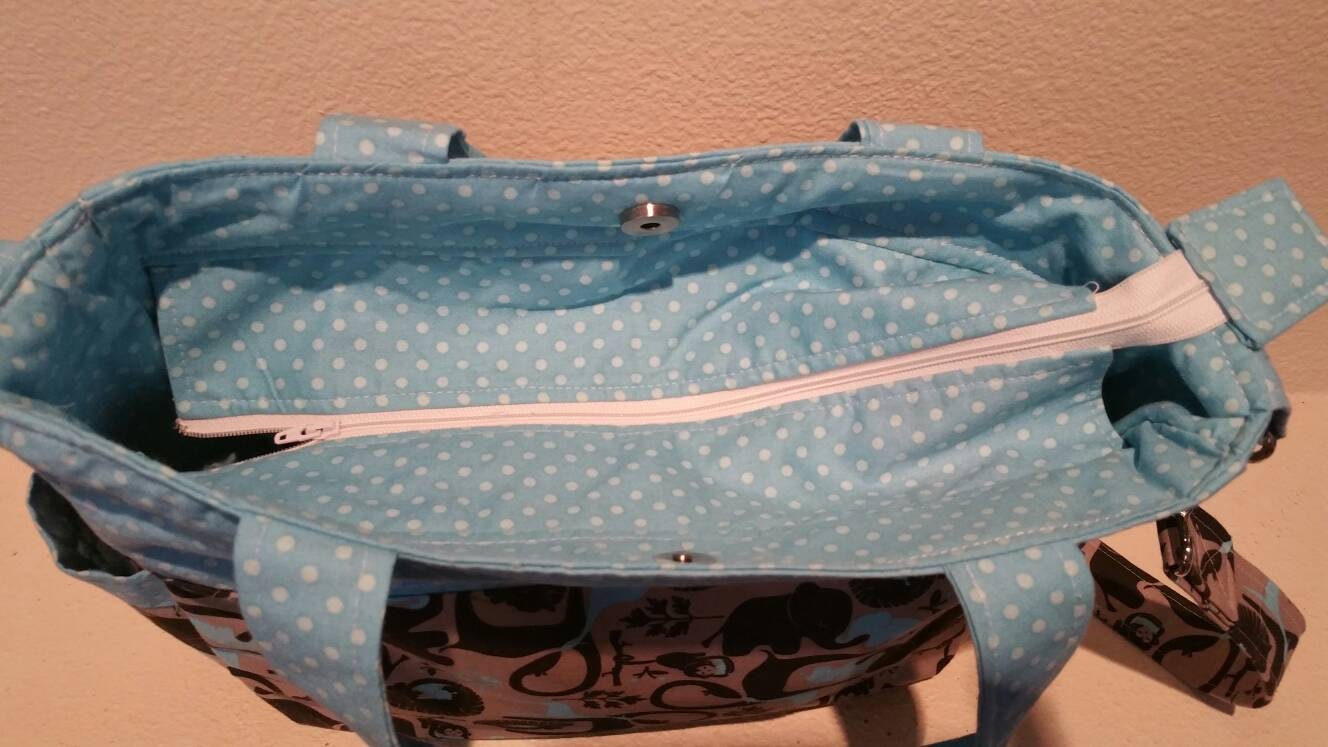 SALE: Blue and Polka Dot Elephant/Jungle Handmade Blue/Gray/Black Diaper Bag