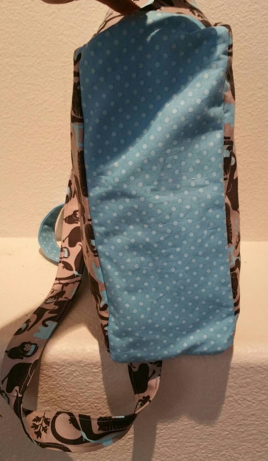 SALE: Blue and Polka Dot Elephant/Jungle Handmade Blue/Gray/Black Diaper Bag